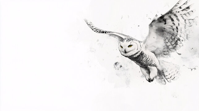 a hand drawn watercolor painting of a white snowy owl in flight with black and white splashes of color on a white background