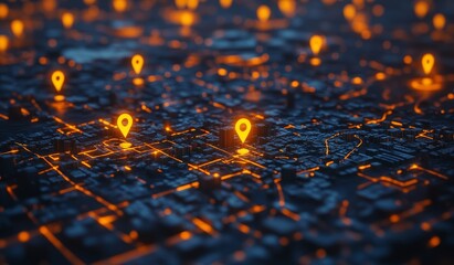 Glowing location markers on a digital city map.