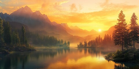 Fototapeta premium Majestic sunrise over a serene mountain lake with misty fog and lush green forests reflecting in the calm water.