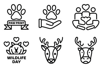 Wildlife Conservation Black Line Icon Set - Minimalistic Animal Awareness Vector Bundle