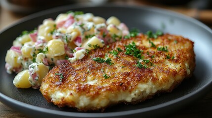 Delicious Crispy Breaded Chicken Cutlet with Creamy Potato Salad