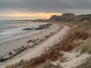 Tranquil Beach at Sunset with Vibrant Marine Life in Golden Light