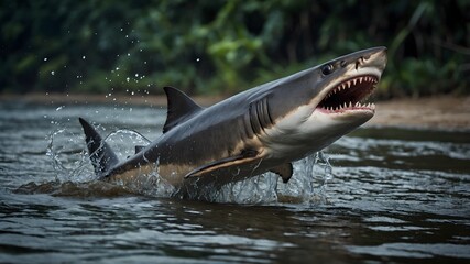 Obraz premium Borneo Shark in Action Capturing Predator and Prey Drama in Murky River