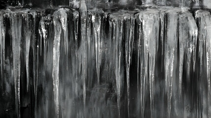 Icicles hanging from a dark stone wall, winter scene, background of dark stone, perfect for winter backgrounds