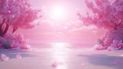 Tranquil Beach Scene with Summer Blooms under Vibrant Pink Dusk Sky
