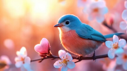 Vibrant Blue Bird Perched on Spring Blossoms Soft Sunlight Nature Photography
