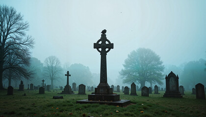 Fototapeta premium Celtic cross in foggy graveyard with tall trees