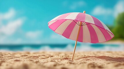 Pink and White Striped Beach Umbrella on Sandy Beach Sunny Summer Vacation Scene