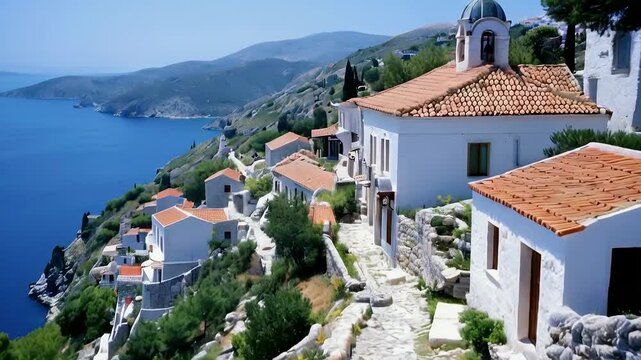 Greek Medieval Village: A hillside village with whitewashed stone houses, a small Orthodox churc