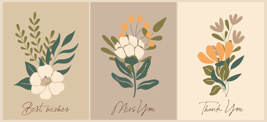 Set of cards with flowers. Floral postcards designs, botanical nature backgrounds with summer field herbs, beautiful wildflowers, wild blooming meadow plants, quotes. Flat vector illustrations