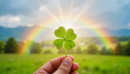 Hand holding four-leaf clover against a scenic rainbow background