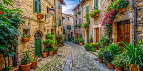 Fototapeta premium Narrow cobblestone street lined with ancient stone buildings and overflowing planters in a Mediterranean town surrounded by lush greenery, village life, charming streets