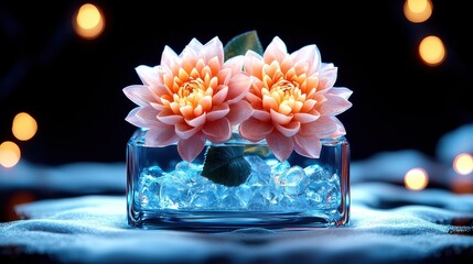 Two Peach Dahlias in Blue Glass Cube with Ice Illuminated Dark Background