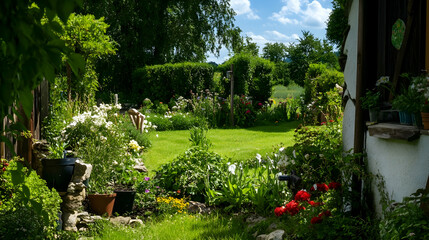 Obraz premium Lush cottage garden with flowering plants, sunny lawn, and rural background; ideal for home, garden, or real estate websites