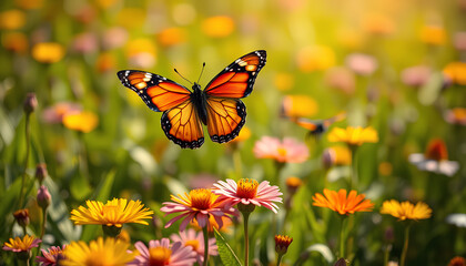 Obraz premium Vibrant Monarch Butterfly Soaring Over Colorful Flowers in a Sunny Field