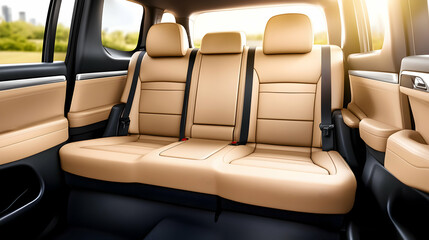 Luxurious SUV backseat, tan leather, sunny day, city park background, travel advertisement