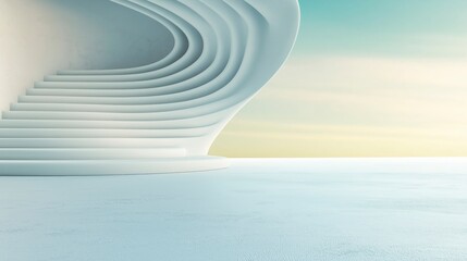 Modern architectural staircase with smooth curves against a serene sky and minimalistic landscape