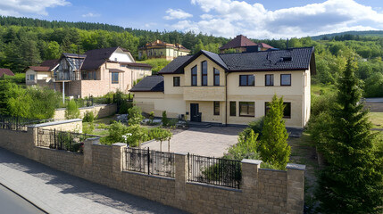 Luxury suburban home, hilltop view, landscaped garden, driveway, real estate