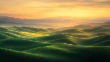 Obraz premium A tranquil view of rolling green hills bathed in the soft glow of sunrise, creating an abstract and dreamlike atmosphere that feels peaceful and surreal