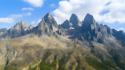 Naklejka premium Majestic mountain range under a bright sky, showcasing rugged peaks and valleys; ideal for travel brochures