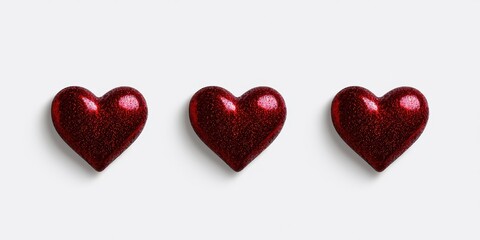 Obraz premium Three shiny red hearts arranged on a white background, symbolizing love and affection.