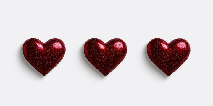 Three shiny red hearts arranged on a white background, symbolizing love and affection.