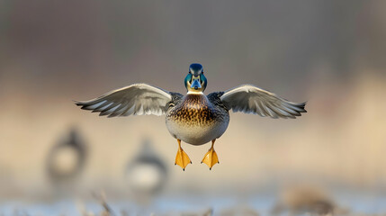 Male mallard duck landing, wings spread, wetland background, wildlife photography, nature
