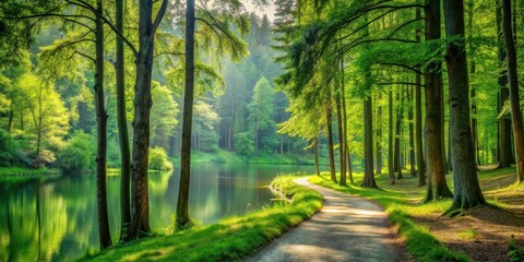 Obraz premium A serene green forest with a few tall trees and a winding path leading to a peaceful lake , tranquil, serene, tranquil