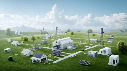 Aerial view of a centralized high tech power grid system that efficiently connects renewable energy farms such as wind and solar with smart cities and towns