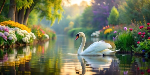 Obraz premium Serene lake scene with a majestic white swan floating on calm water surrounded by lush greenery and vibrant flowers, tranquil, beautiful landscape