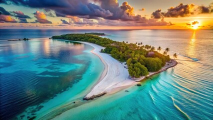 Fototapeta premium Aerial view of Paradise Island at sunset with turquoise waters and white sandy beaches, paradise island, ocean