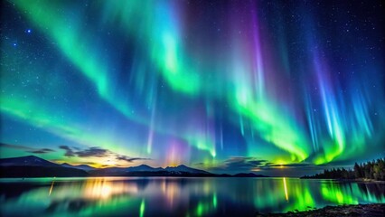 Spectacular aurora borealis display in the night sky with vibrant green and blue hues, set against a dark canvas of stars , northern lights, natural phenomenon