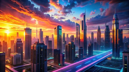 Fototapeta premium Colorful title overlay on a futuristic cityscape at sunset, urban landscape, sunset