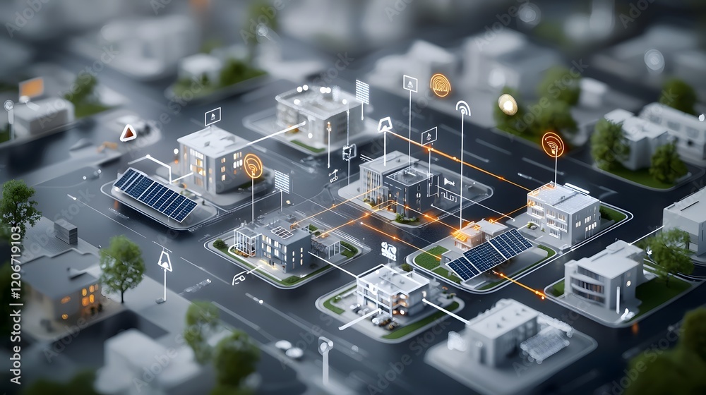 Aufkleber Centralized grid management system visualized with connections to solar wind and hydro energy sources powering residential industrial and commercial areas in a modern sustainable