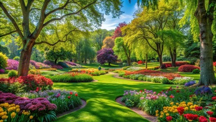 Obraz premium Lush greenery with vibrant flowers and trees in a serene park setting, trees, park, trees, park