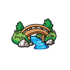 Cheerful Kawaii Sticker Style of Bridge Over River Landscape