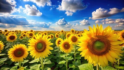 Fototapeta premium Field of tall yellow sunflowers stretching towards a bright blue sky with puffy white clouds against a warm background, field