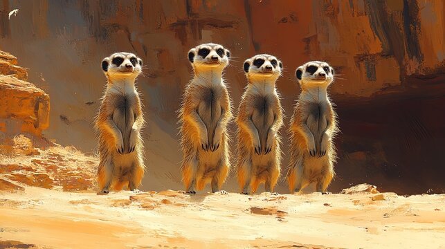 A group of meerkats standing alert in the desert, capturing the essence of curiosity and desert life