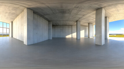 Obraz premium Modern concrete building interior, panoramic view, daytime, empty space, architectural design
