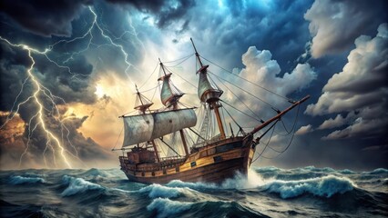 Fototapeta premium A weathered wooden ship creaks and groans as it battles a fierce thunderstorm, its sails torn and flapping wildly in the wind