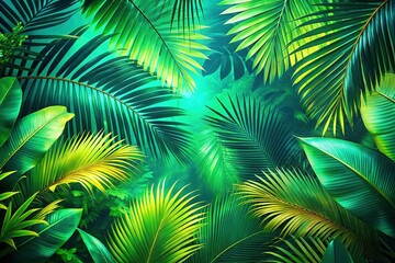 Obraz premium Lush Green Palm Leaves Abstract Tropical Banner Background