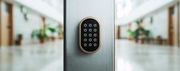 Military prison punishment concept. Electronic keypad lock on a modern door in a hallway setting.