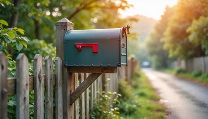 Rustic mailbox with red flag beside a wooden fence in a serene countryside road during golden hour
