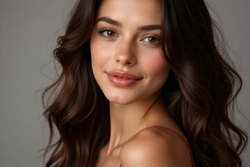 Obraz premium Beautiful Woman with Long Brown Wavy Hair