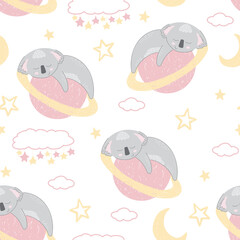 Adorable sleeping koalas in space on white background. Vector seamless pattern with Australian bear. Cute childish bed linen design. Hand drawn marsupials for kids scrapbooking. Nursery wallpaper.