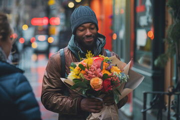 Man handing flowers to a stranger on the street, celebrating Random Acts of Kindness Day.