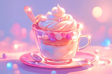 A whimsical dessert cup filled with creamy swirls and colorful toppings, set against a dreamy pastel background