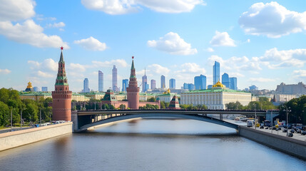 Obraz premium Moscow cityscape Kremlin, river, modern skyline under sunny sky. Ideal for travel brochures and tourism websites