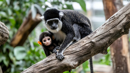 Fototapeta premium Mother and baby monkey on a branch in a zoo enclosure, surrounded by lush green foliage; ideal for nature documentaries or wildlife articles