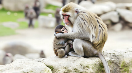 Obraz premium Mother monkey cradles baby on rocks; other monkeys in background; zoo enclosure; wildlife conservation